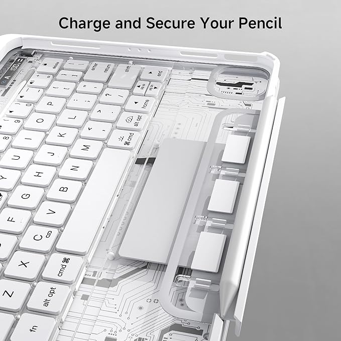Transparent Keyboard Case for iPad Pro 11 Inch (M5 2025/M4 2024) with Multi-Touch Trackpad 360° Rotating Stand 7-Color 3-Level Backlit Wireless Bluetooth Pencil HolderWhite