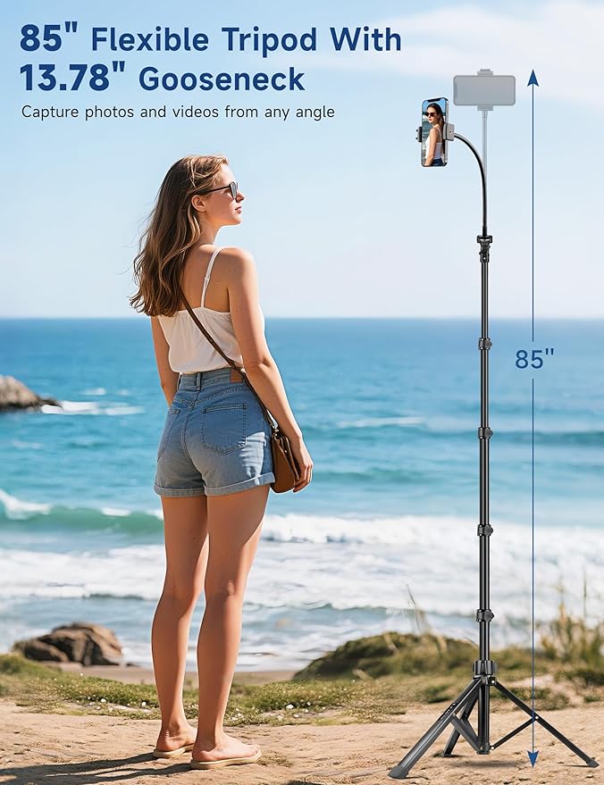 Phone Tripod Stand 85 Tall Cellphone Tripod for iPhone with Gooseneck Remote Flexible Portable Phone Stand for Recording Compatible with iPhone 14 13 12 pro Android Camera