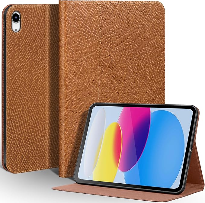 Leather Case for iPad (A16) 11th Gen. 2025 11 Inch iPad 10th Gen.2022 10.9 Inch Full Grain Leather Cover with Auto Sleep/Wake Anti Slip Brown Stripe