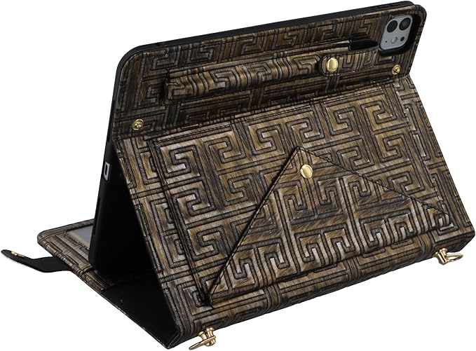 Handbag Case for iPad Pro 12.9 2018-2022 &amp iPad Air 13-inch 2024-2025 - Techcircle Vintage Maze Pattern Crossbody Folio Stand Case with Pencil/Card Holder Hand Grip/Shoulder Strap Retro Bronze