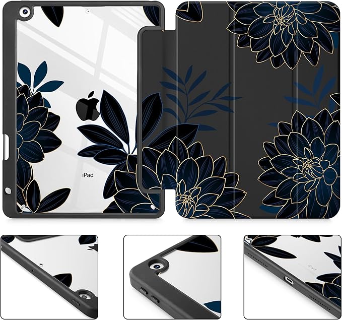 for iPad 9th Generation with Pencil Holder iPad 8th/7th Gen Case 10.2-inch [Built in Pencil Holder] Trifold Stand Auto Wake/Sleep Clear TPU Protection Back Cover Flower Dahlia