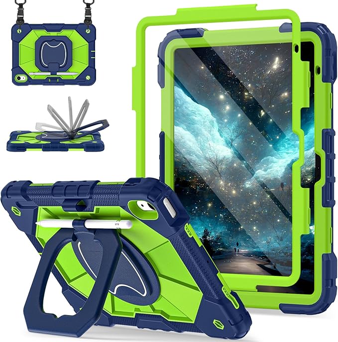 Case for iPad (A16) 11th Generation 11 Inch (2025) / iPad 10th Generation Case 10.9 Inch (2022) with 360° Rotating Stand Screen Protector Pen Holder Shoulder Strap Navy Green