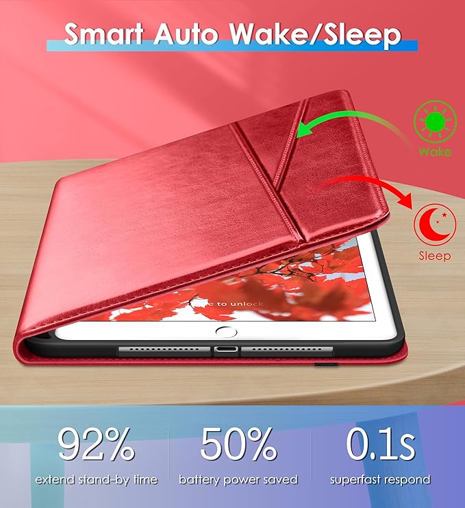 DTTO Rotating Case for iPad 6th / 5th Generation 9.7 Inch 2018/2017 iPad Air 2 / Air 1 Case 360 Degree Swiveling Premium Leather Folio Stand Cover with Pencil Holder - Auto Wake/Sleep Red