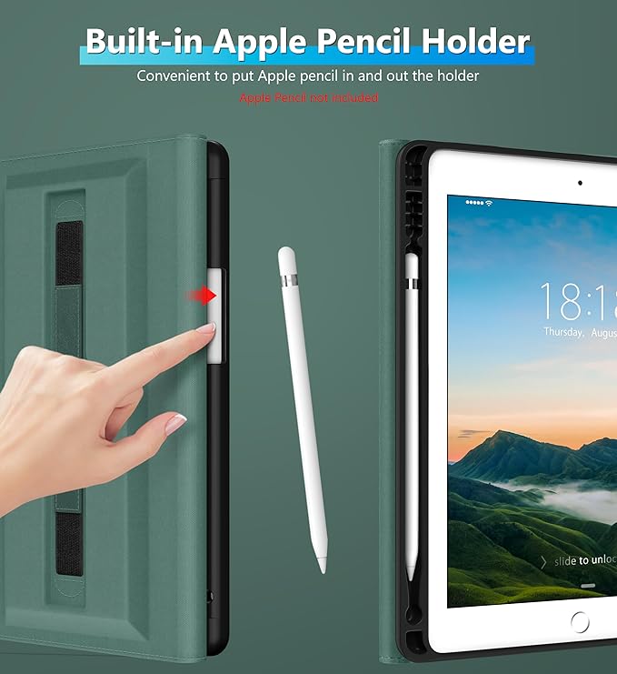 DTTO Rotating Case for iPad 6th / 5th Generation 9.7 Inch 2018/2017 iPad Air 2 / Air 1 Case 360 Degree Swiveling Premium Leather Folio Stand Cover with Pencil Holder-Auto Wake/Sleep Midnight Green