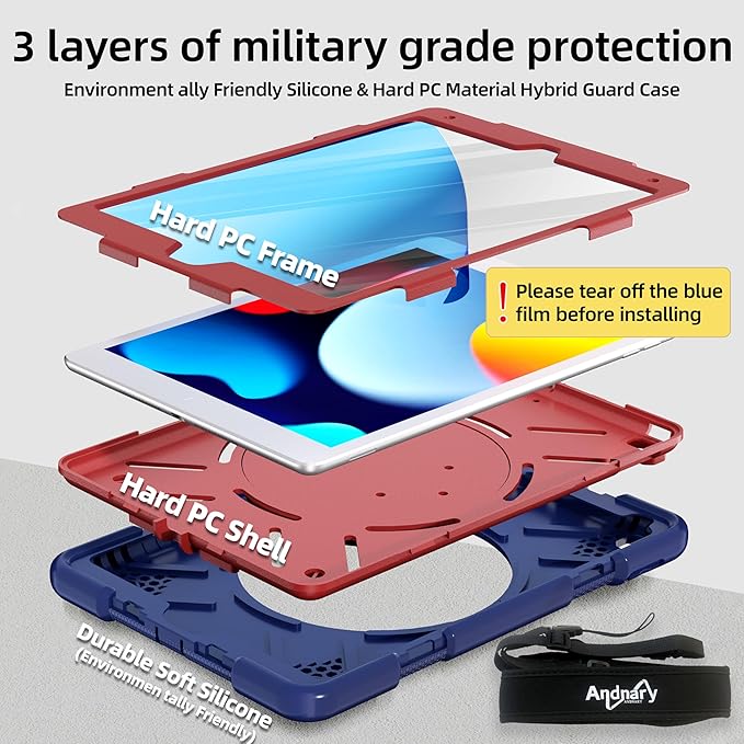 Case for iPad 9th/8th/7th Generation 10.2 inch Shockproof Cover with Screen Protector/360° Rotate Stand/Pencil Holder/Shoulder Strap Kids Case for iPad 2021/2020/2019 (Navy+Red)