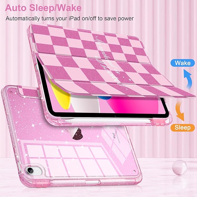 DONGKE for iPad Pro 11 inch Case – Fits M5 2025 / M4 2024 Shockproof Sparkling Glitter Acrylic Back Pencil Holder Trifold Stand Auto Sleep/Wake &amp Touch ID Support - Pink Checkerboard