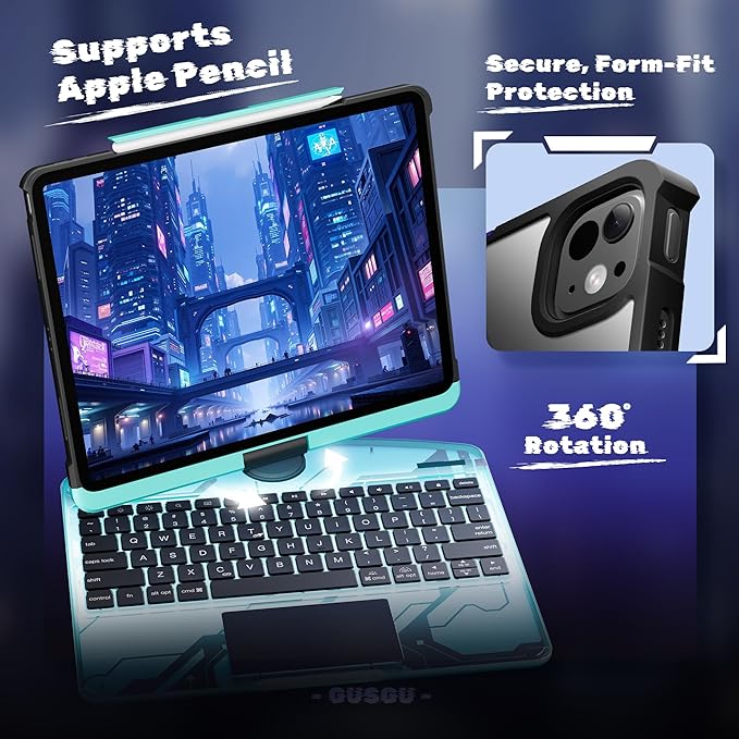 KITONE Transparent Case with Wireless Keyboard for iPad 10.2-in (7th 8th and 9th Gen) 7 Colors Backlight Trackpad 360°Rotating Stand Tech Style