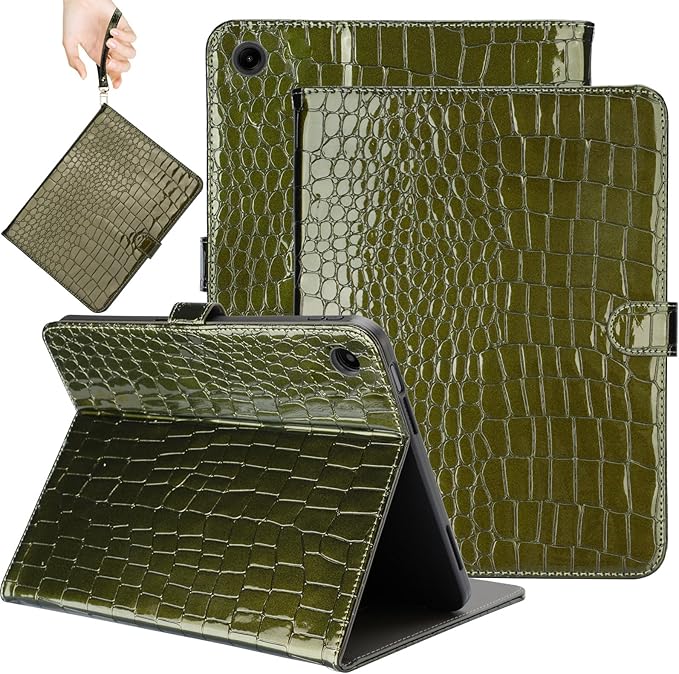 Elegant Case for Samsung Galaxy Tab A9 Plus 11 Inch 2023（Model: SM-X210/X216/X218） Premium Leather Crocodile Cover | Stand | Card Pockets| Wrist Strap| S Pen Holder (Dark Green)