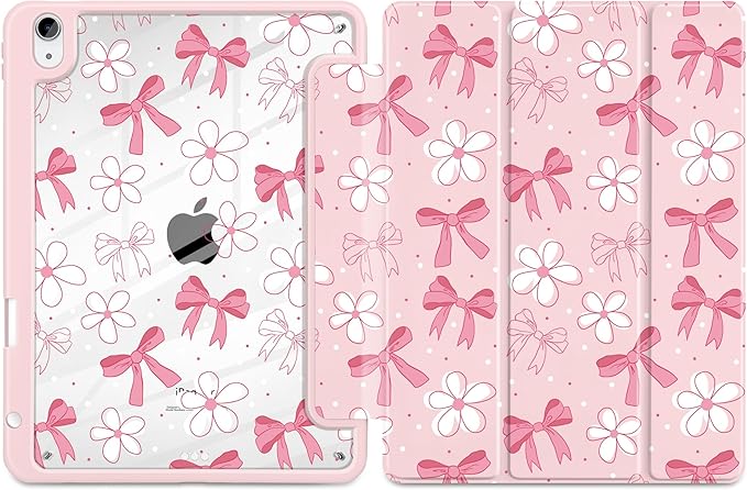 DONGKE Case for iPad Air 11-inch M4 2026 &amp M3 2025 &amp M2 2024 iPad Air 5th/4th Generation 10.9 2022/2020 [Built-in Pencil Holder] Clear Acrylic Back Trifold Stand Smart Cover Bow &amp Dais
