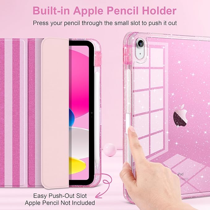 TWOLSKOO Sparkly Case for iPad Pro 11 inch (M5 2025 / M4 2024) Glitter Hard Acrylic Back with Pencil Holder Slim Trifold Stand Folio Cover Auto Sleep/Wake Pink Stripes