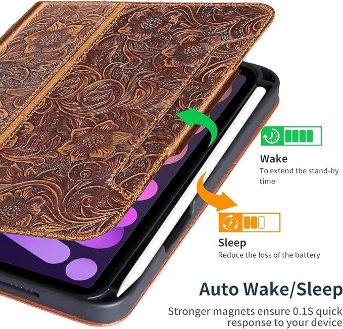 Gexmil Genuine Leather Case for iPad mini 7 (A17 Pro) 2024 / iPad mini 6 Generation 2021 8.3 InchMagnetic ClosurePencil HolderShockproof Cowhide CoverPencil 2 Wireless ChargingFlower Brown