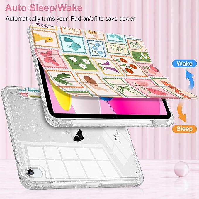 MEEgoodo Case for iPad A16 11th Generation 2025/10th Generation 2022 Glitter Tablet Cases with Transparent Acrylic Back+Trifold Stand +Pencil Holder+Auto Wake/SleepPost Stamps with Natura