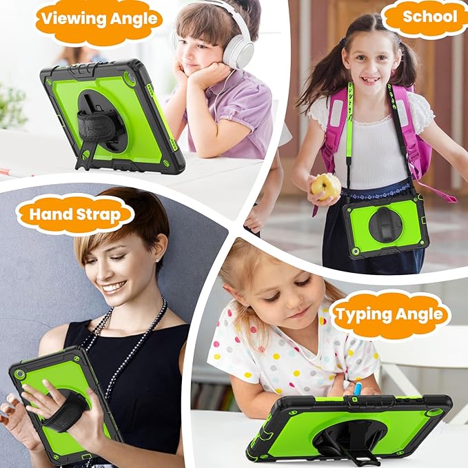 SEYMAC stock Case for Samsung Galaxy Tab A8 10.5'' Full-Body Drop Protection Case with Screen Protector Pencil Holder [360° Rotating Hand Strap] &ampStand Green+Black