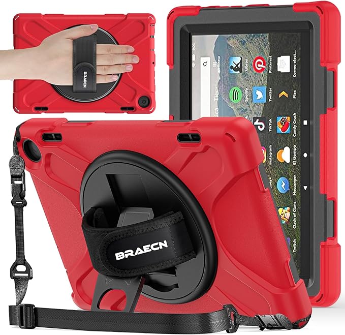 BRAECNstock for Amazon Fire HD 8 Tablet Case 12th Generation 2024/2022 8 inch with Rotating Hand Strap + Stand Shoulder Strap Pen Holder Shockproof Protective Kindle Fire HD 8 12th Gen Kids Case - Red