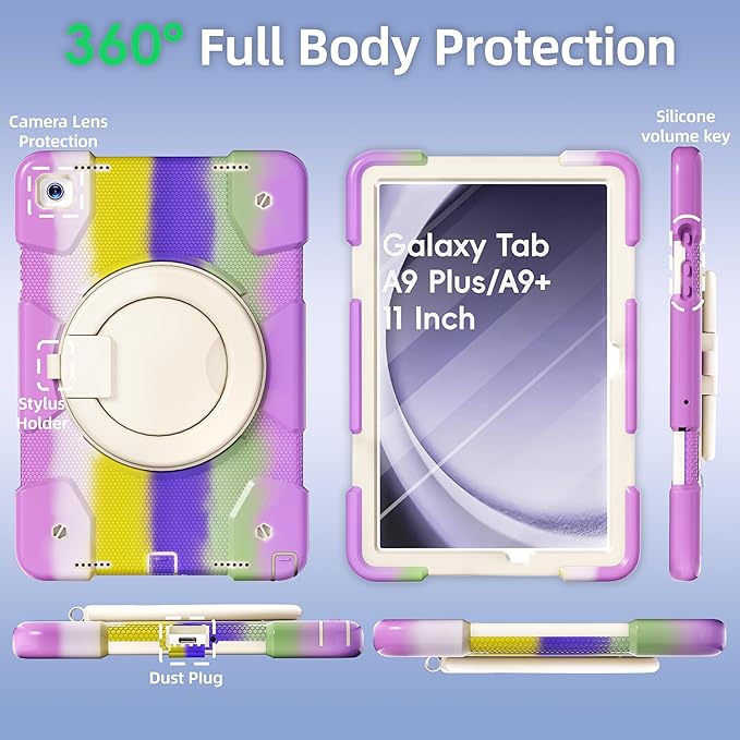 Case for Samsung Galaxy Tab A9+/A9 Plus Case 11 Inch with Screen Protector/360° Rotating Stand/Pen Holder/Shoulder Strap Shockproof Cover for Tablet A9+ 5g (Colorful Purple)
