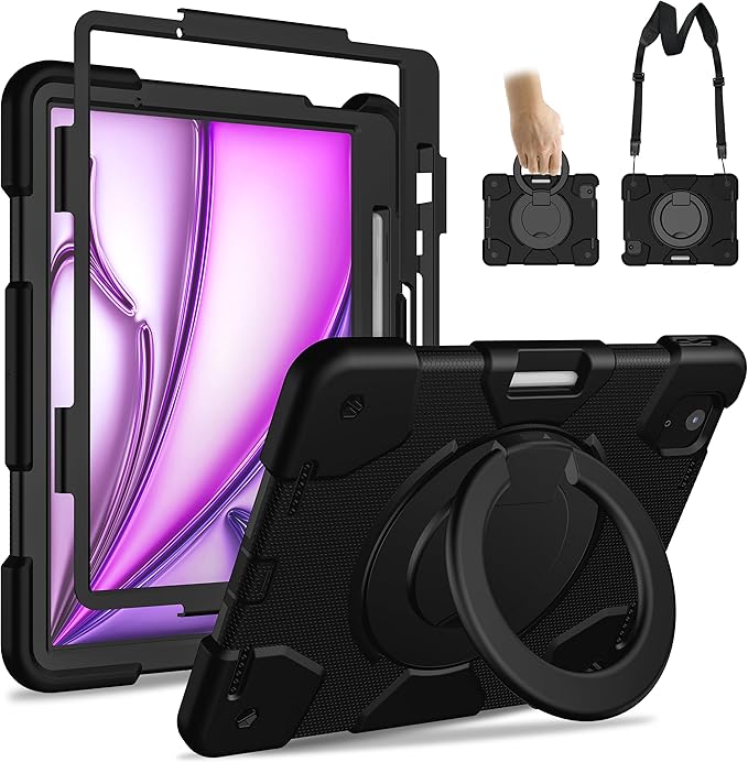 Case for iPad Air 11 inch Case M3 2025/ M2 2024 (Air 7th/6th Generation) Heavy Duty Shockproof Cover with Screen Protector 360° Rotating Stand Pencil Holder Shoulder Strap (Black)