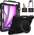 Case for iPad Air 11 inch Case M3 2025/ M2 2024 (Air 7th/6th Generation) Heavy Duty Shockproof Cover with Screen Protector 360° Rotating Stand Pencil Holder Shoulder Strap (Black)