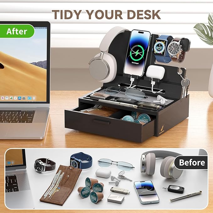 Pezin &amp Hulin Wooden Charging Station Bedside Nightstand Tray with Spacious Drawer Felt Pads for Phones Watch Idea Gifts for Him Birthday Son Christmas for Papa Fathers Day