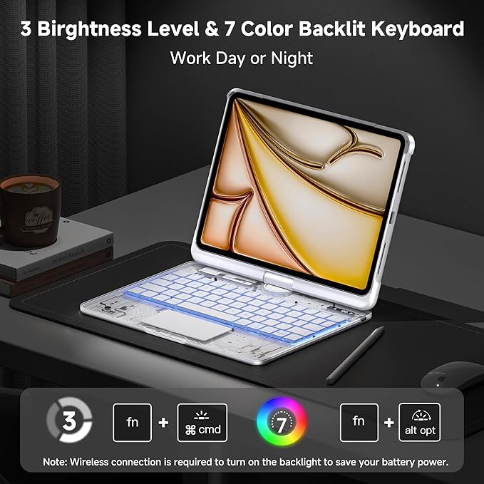 Transparent Keyboard Case for iPad Pro 13 Inch (M5 2025/M4 2024) with Multi-Touch Trackpad 360° Rotating Stand 7-Color 3-Level Backlit Wireless Bluetooth Pencil Holder White