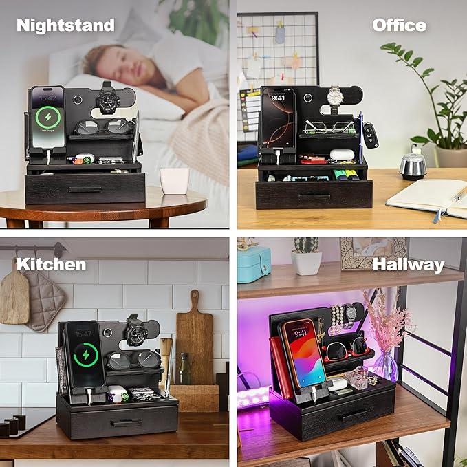 TESLYAR Wood Phone Docking Station with Drawer - Nightstand Organizer - Desk Organizer for Husband - Birthday Gifts for Men Dad Anniversary Idea Key Holder Stand Watch &amp Accessories (Fumed Blac