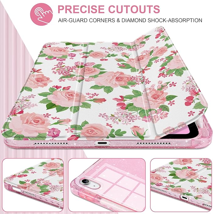 MEEgoodo Case for iPad A16 11th Generation 2025/10th Generation 2022 Glitter Tablet Cases with Transparent Acrylic Back+Trifold Stand +Pencil Holder+Auto Wake/SleepFloral Ornamental Texture