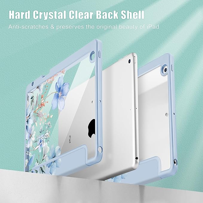 May Chen for iPad 9th Generation with Pencil Holder iPad 8th/7th Gen Case 10.2-inch [Penceil Holder] Trifold Stand Auto Wake/Sleep Clear TPU Protection Back Cover Wild Flowers