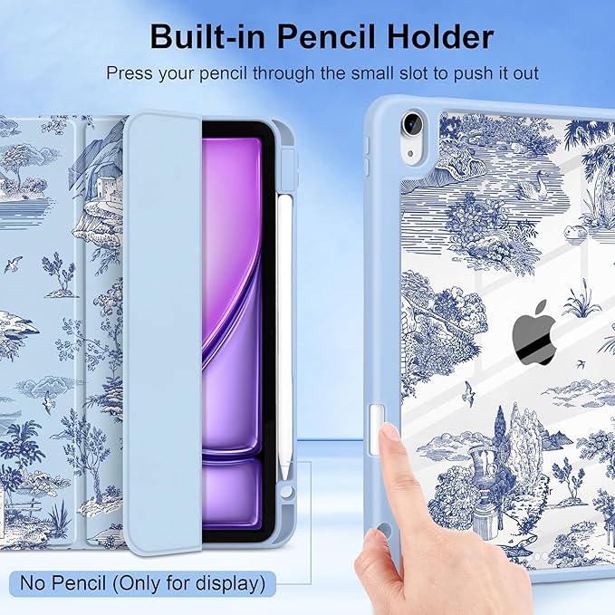 DONGKE Case for iPad Air 11-inch M4 2026 &amp M3 2025 &amp M2 2024 iPad Air 5th/4th Generation 10.9 2022/2020 [Built-in Pencil Holder] Clear Acrylic Back Trifold Stand Smart Cover Toile Pattern