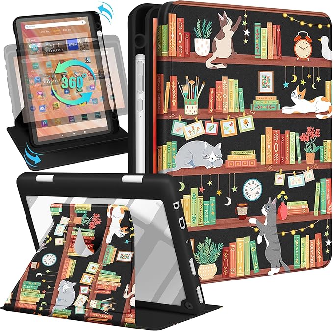 Kidcube for Kindle Fire HD 10/10 Plus Tablet Case - 13th/11th Generation (2023/2021) 10.1 Women Girls Cute Girly Cat Design TeensRotating Stand Pencil Holder Folio Cases for Amazon Fire HD 10/10 Plus