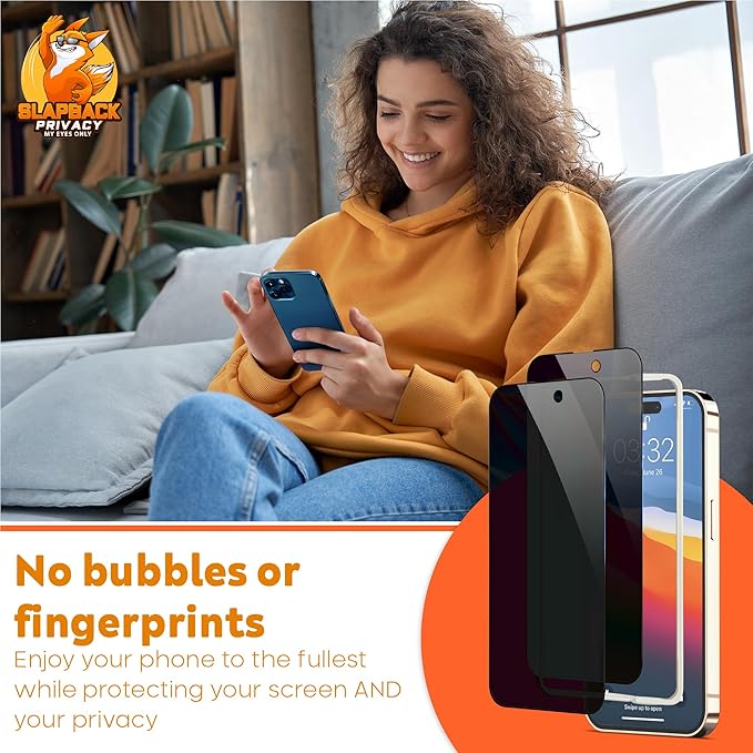 Slapback Premium Privacy Screen Protector for iPhone 14 Pro Max [2-Pack] [6.7 inch Display] Anti-Spy 28 Degree Blackout 9H Hardness Full Coverage Tempered Glass Easy Install Frame Case-Friendly