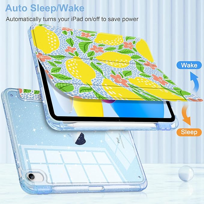 MEEgoodo Case for iPad A16 11th Generation 2025/10th Generation 2022 Glitter Tablet Cases with Transparent Acrylic Back+Trifold Stand +Pencil Holder+Auto Wake/SleepLemon Fruit Pattern