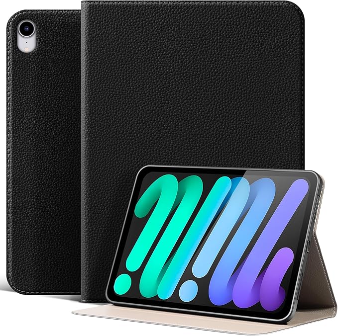 Case for iPad mini 7 (A17 Pro) 2024 iPad mini 6th Generation 2021 Leather Protective Shockproof Smart Cover Adjustable Stand - Auto Wake/Sleep and Multiple View Angles Black