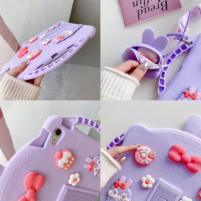 for iPad Air 5th/4th Generation Case (2022/2020) iPad pro 11 inch Case (4th/3rd/2nd/1st Gen) iPad Air 10.9 case with Adjustable Strap/Stand Cute Rabbit Cover for Kids Girls (Purple)