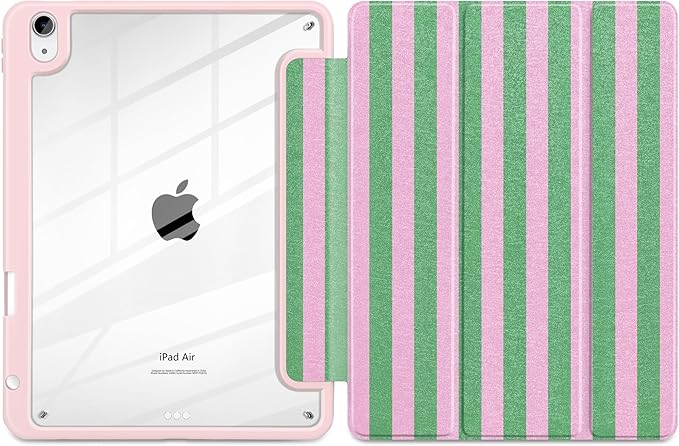 DONGKE Case for iPad Air 11-inch M4 2026 &amp M3 2025 &amp M2 2024 iPad Air 5th/4th Generation 10.9 2022/2020 [Built-in Pencil Holder] Clear Acrylic Back Trifold Stand Smart Cover Green Stripes