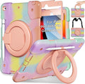 Case for iPad 9th/8th/7th Generation 10.2 inch Shockproof Cover with Screen Protector/360° Rotating Handle/Bracket/Pen Holder/Shoulder Strap Kids Case for iPad 2021/2020/2019 (Colorful Pink)