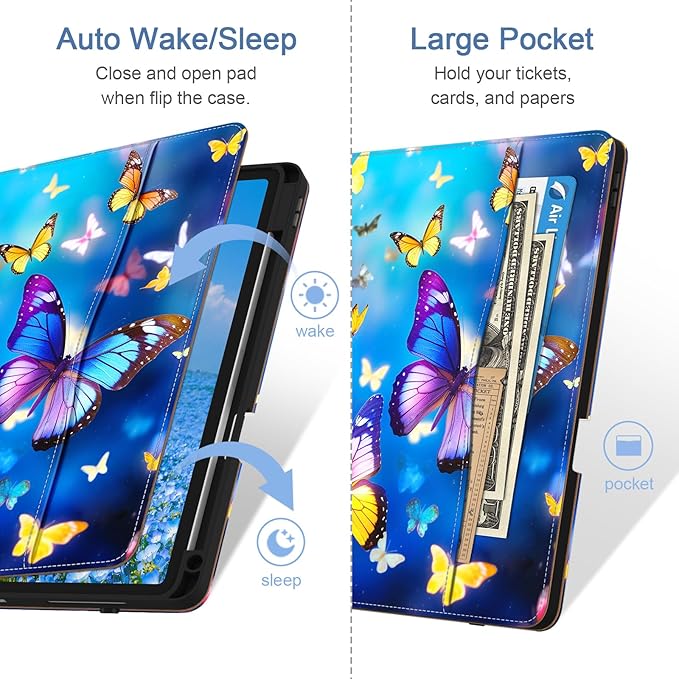 Case for iPad Pro 12.9 6th/5th/4th/3rd Generation 2022/2021/2020/2018 PU Leather 12.9 Cover with Pencil Holder/Multi-Angle Stand/Pocket Auto Wake/SleepButterfly Blue