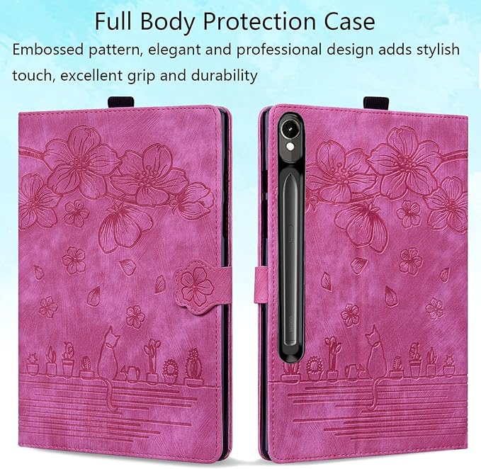 Case for Samsung Galaxy Tab S10 FE+/S10 FE Plus 13.1 Inch 2025 (SM-X620/SM-X626B) with Pencil Holder/Pockets Folio Stand Embossed Cherry Blossom PU Leather Magnetic Wallet Cover Rose Cat