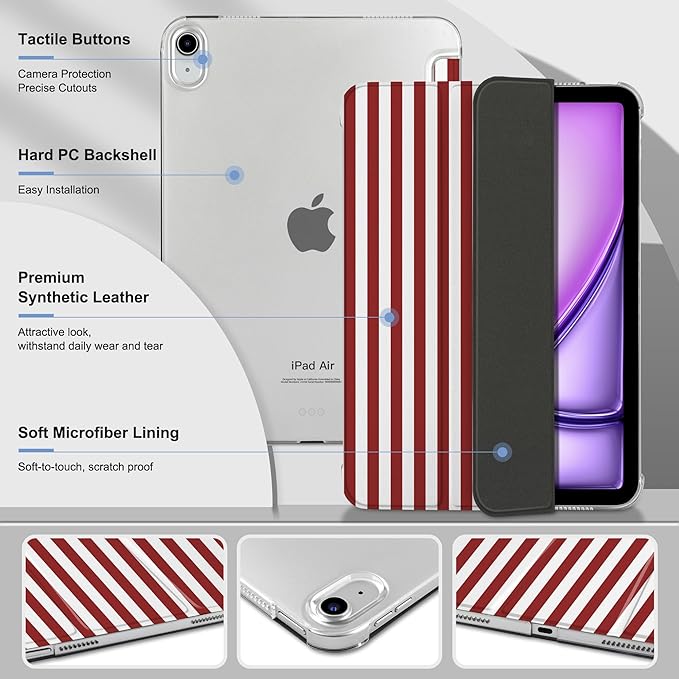 MEEgoodo for M4/M3/M2 iPad Air 11 inch Case 2026 2025 2024Case for iPad Air 5th/4th Generation 10.9 inch 2022 2020 Tablet Cover with Silk Texture &amp PC Clear Back Cover Red Stripes