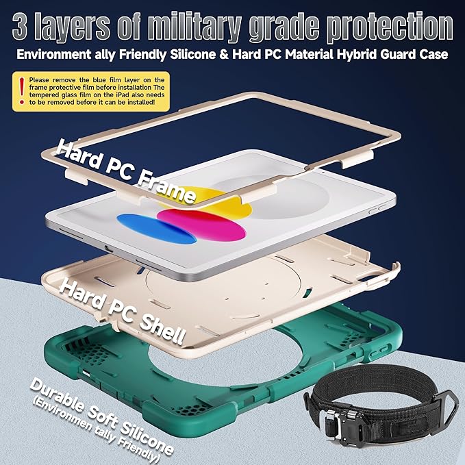 Case for iPad (A16) 11th /10th Generation 11/10.9 Inch 2025/2022 with Screen Protector/360° Rotate Stand/Shoulder Strap/Pencil Holder Shockproof iPad 11th/10th Gen Cover (Green+White)