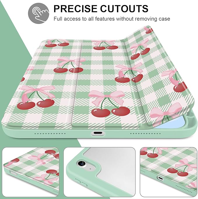 DONGKE Case for iPad (A16) 11th Generation 11 inch 2025 &amp iPad 10th Gen 10.9 inch 2022 [Built-in Pencil Holder] Clear Acrylic Back Trifold Stand Smart Cover Auto Sleep/Wake Green Cherry
