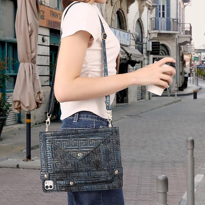 Handbag Case for iPad Pro 13 M5 M4 (2025/2024) - Techcircle Vintage Pattern Crossbody PU Leather Folio Envelope Pocket Stand Cover w/Hand Strap+Shoulder Strap+Pencil Holder+Card Slots Retro Navy