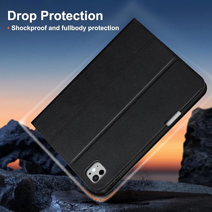 Gexmil Genuine Leather Case for iPad Pro 11 Inch (M5/M4) 2025/2024 with Pencil HolderProtective Shockproof Leather Smart Folio Cover Adjustable Stand Auto Sleep/Wake Anti-SlipCross-Hatched Black