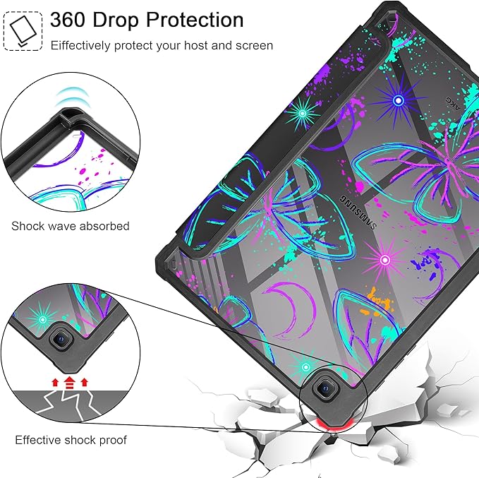 Mektron Case for Samsung Galaxy Tab S6 Lite 10.4 Inch 2024/2022/2020 with S Pen Holder Multi-Angle Viewing with Shockproof Cover Clear Shell + Trifold Stand + Auto Wake/Sleep Fantasy Butterfly