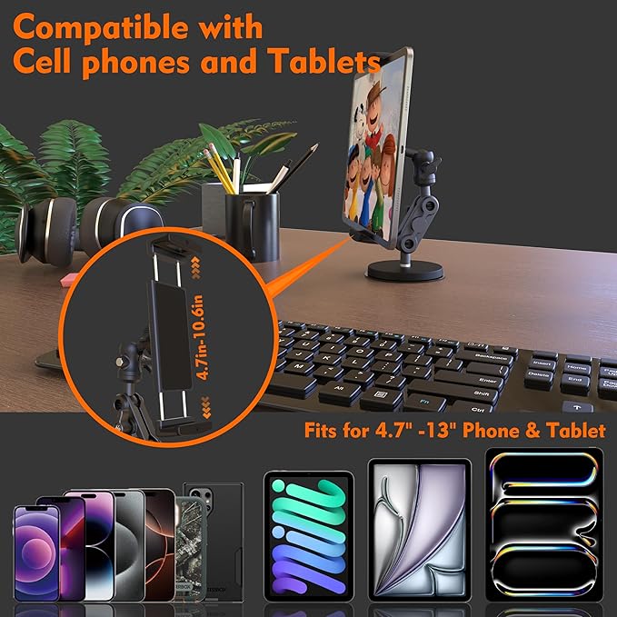 Universal Magnetic Tablet Holder 360°Adjustable 7.7 Aluminum Heavy Duty Arm 3.5 Magnetic Base for Fridge Whiteboard Gym Warehouse Kitchen Fits 4-13 Tablets Phones