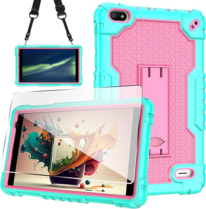 Case for BLU M8L 2022BLU M8L Plus 8 inch Tablet - [Built-in Kickstand] Anti Slip Kids Friendly Shockproof Silicone Protective Cover with Screen Protector (Green/Pink/1 PC)