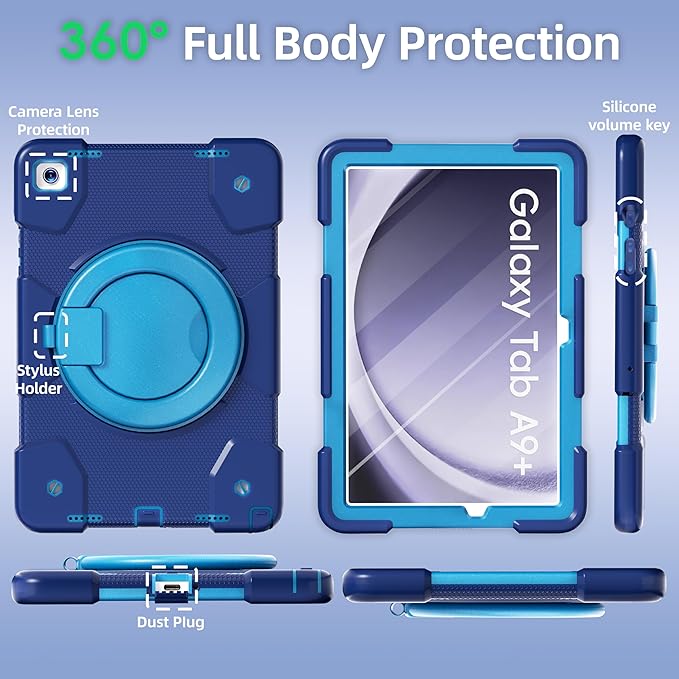 Case for Samsung Galaxy Tab A9+/A9 Plus Case 11 Inch with Screen Protector/360° Rotating Stand/Pen Holder/Shoulder Strap Shockproof Cover for Tablet A9+ 5g (Navy+Blue)