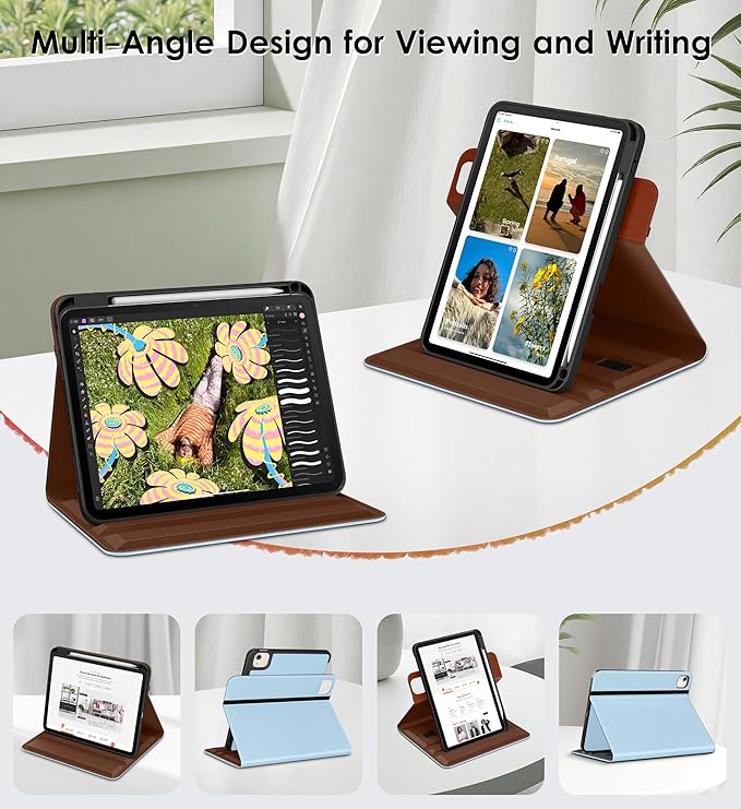 DTTO for iPad Air 11 inch Case M4 / M3 / M2 (2026/2025/2024) iPad Air 5th / 4th Gen (2022/2020) 360 Degree Rotating Premium Leather Folio Stand Cover with Pencil Holder Ice Blue
