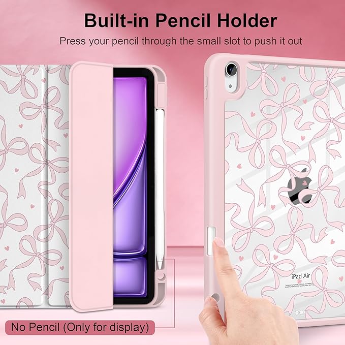 TWOLSKOO Case for iPad Air 11-inch (M4 2026 / M3 2025 / M2 2024) Clear Acrylic Back with TPU Bumper Pencil Holder Trifold Stand Auto Sleep/Wake Pink Bows