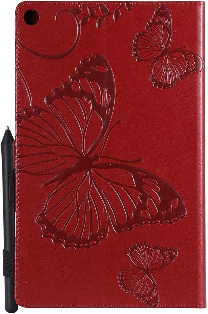 Kindle Fire HD 10 Tablet 2019/2017 Case 9th/7th Generation 10.1 with Pencil Holder Pockets [Auto Sleep/Wake] Folio Stand Embossed PU Leather Magnetic Smart Wallet TPU Cover Red Butterfly