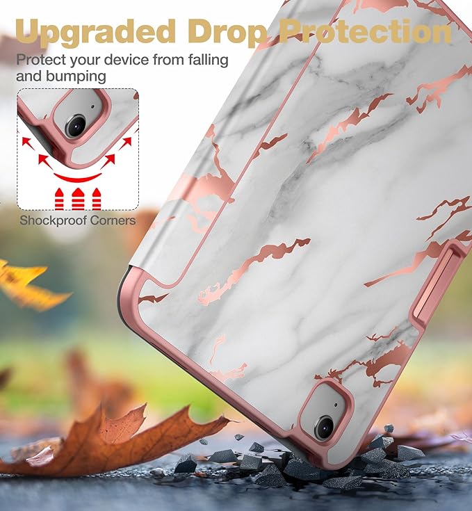 SURITCH Case for iPad (A16) 11th Generation 11 Inch 2025/iPad 10th Generation 10.9 Inch 2022 with Screen Protector Pencil Holder Tri-fold Stand Auto Wake/Sleep Shockproof Protection White Marble