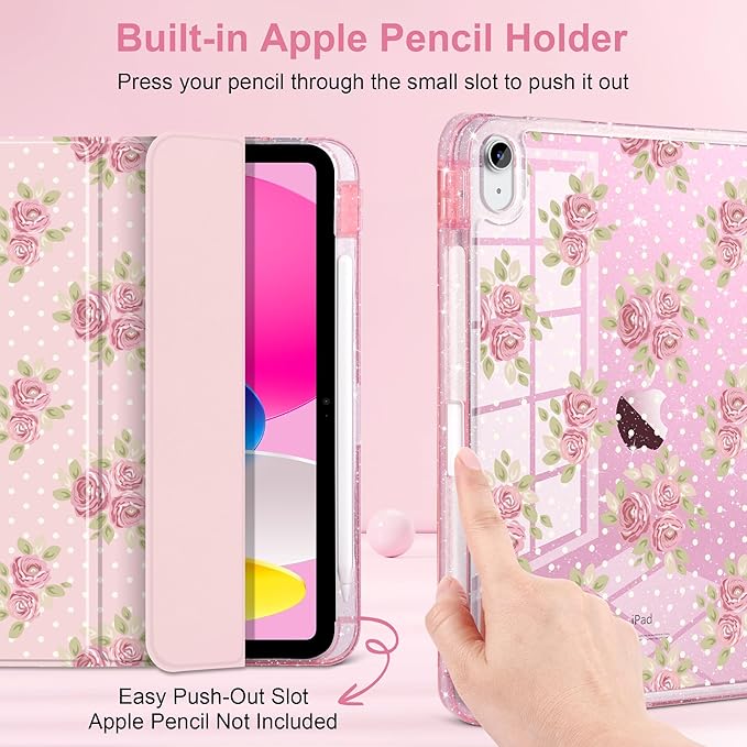 MEEgoodo Case for iPad A16 11th Generation 2025/10th Generation 2022 Glitter Tablet Cases with Transparent Acrylic Back+Trifold Stand +Pencil Holder+Auto Wake/SleepVintage Chic Floral